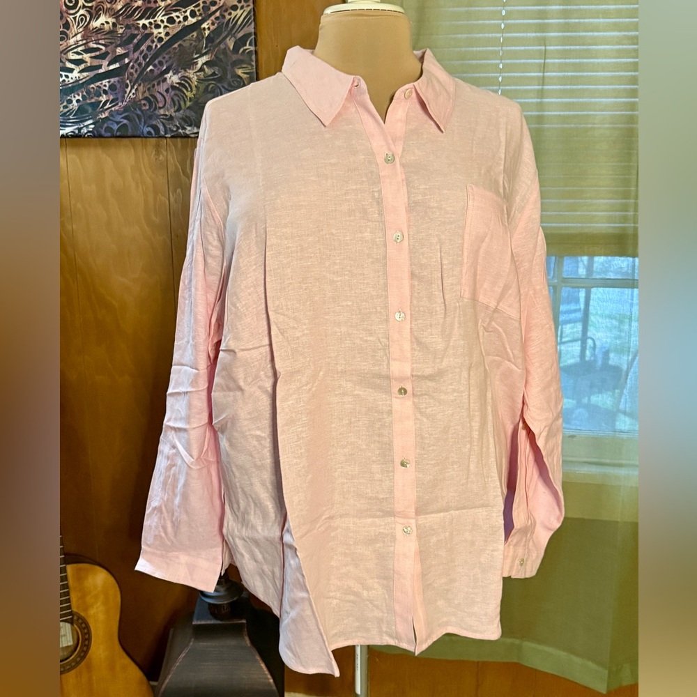 Susan Graver Button Front Linen Blouse - Pastel Pink (Size 2X)